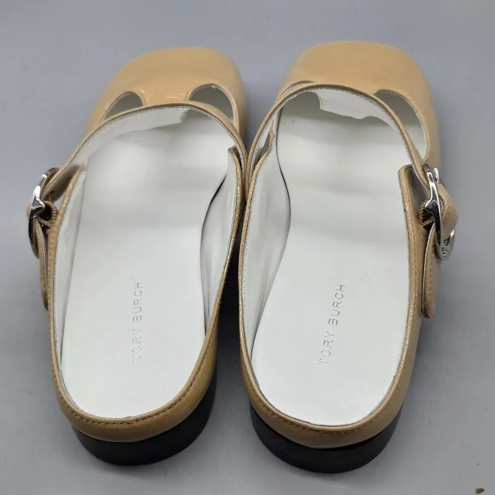 Tory Burch Violet sand patent leather T- Strap Mule slide shoes sz 7 NEW